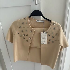 Zara tan beige beaded cardigan sweater with bandeau top 
New with tags size s